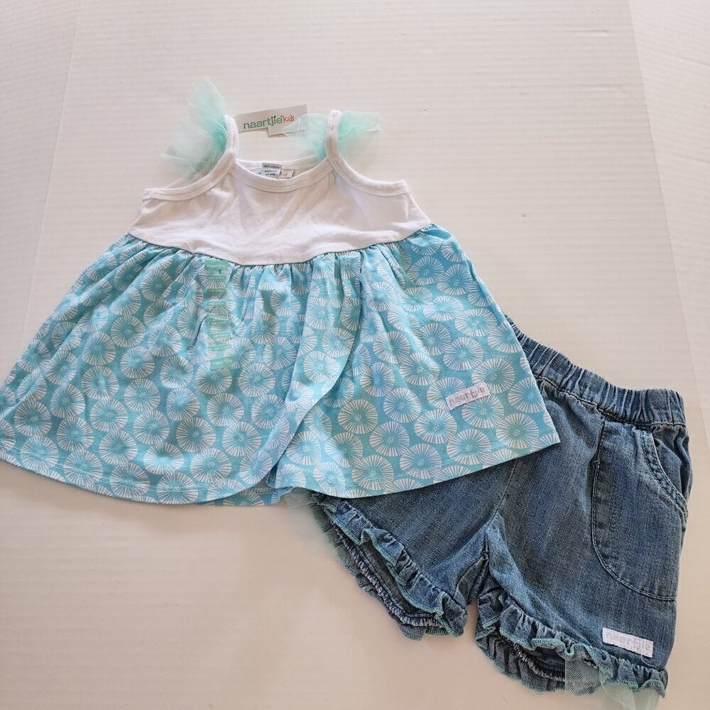 Naartjie outfit New top 18-24 and denim shorts 2 T Blue white tulle ruffle